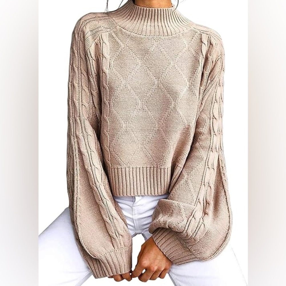 Women's Classic Beige Cable Knit Mock Turtleneck Sweater with‎ Balloon Sleeves